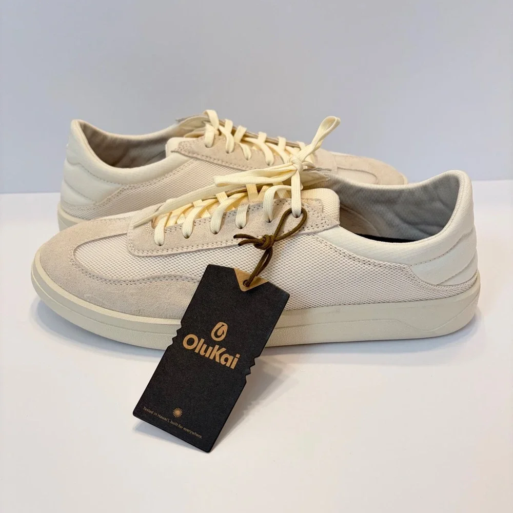 NEW OluKai Punini Mens White Sand Mesh Suede Drop-In Heel Sneakers  10.5M Casual